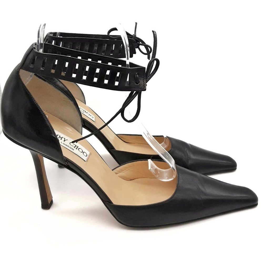 Jimmy Choo Black D'orsay Ankle Strap Leather Heels SZ 39.5